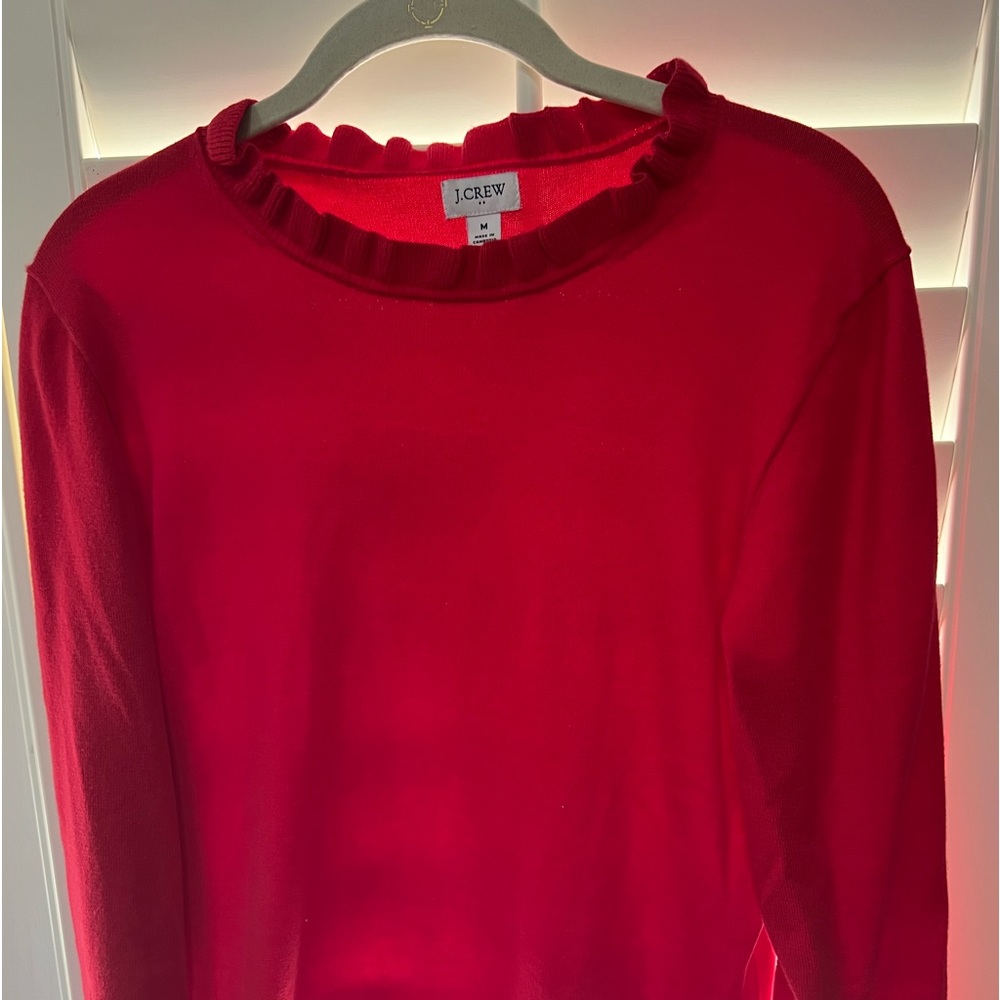 Size Medium NWOT.  Size Medium NWT J. Crew. Ruffle neck Sweater. Red